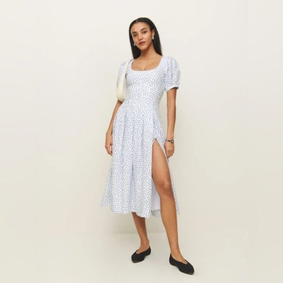 NEW Reformation Coucou Midi Linen Dress Hanna White Blue Floral | US 4 UK 8 - Picture 3 of 16